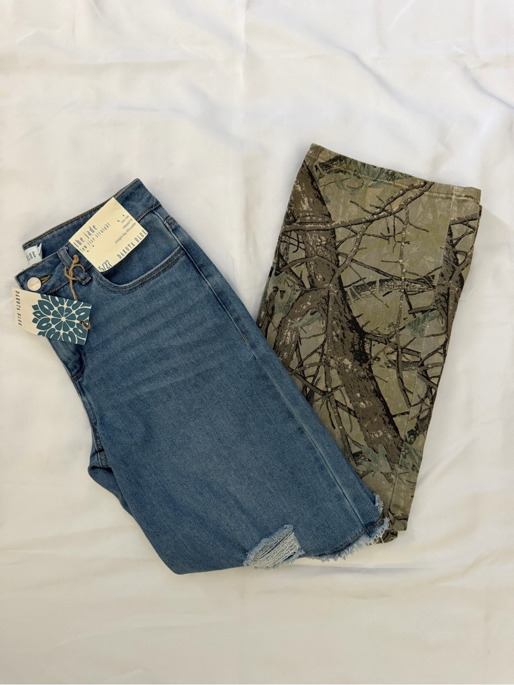 Women's Two-Tone Denim & Camo Flare Pants - Blue and Green